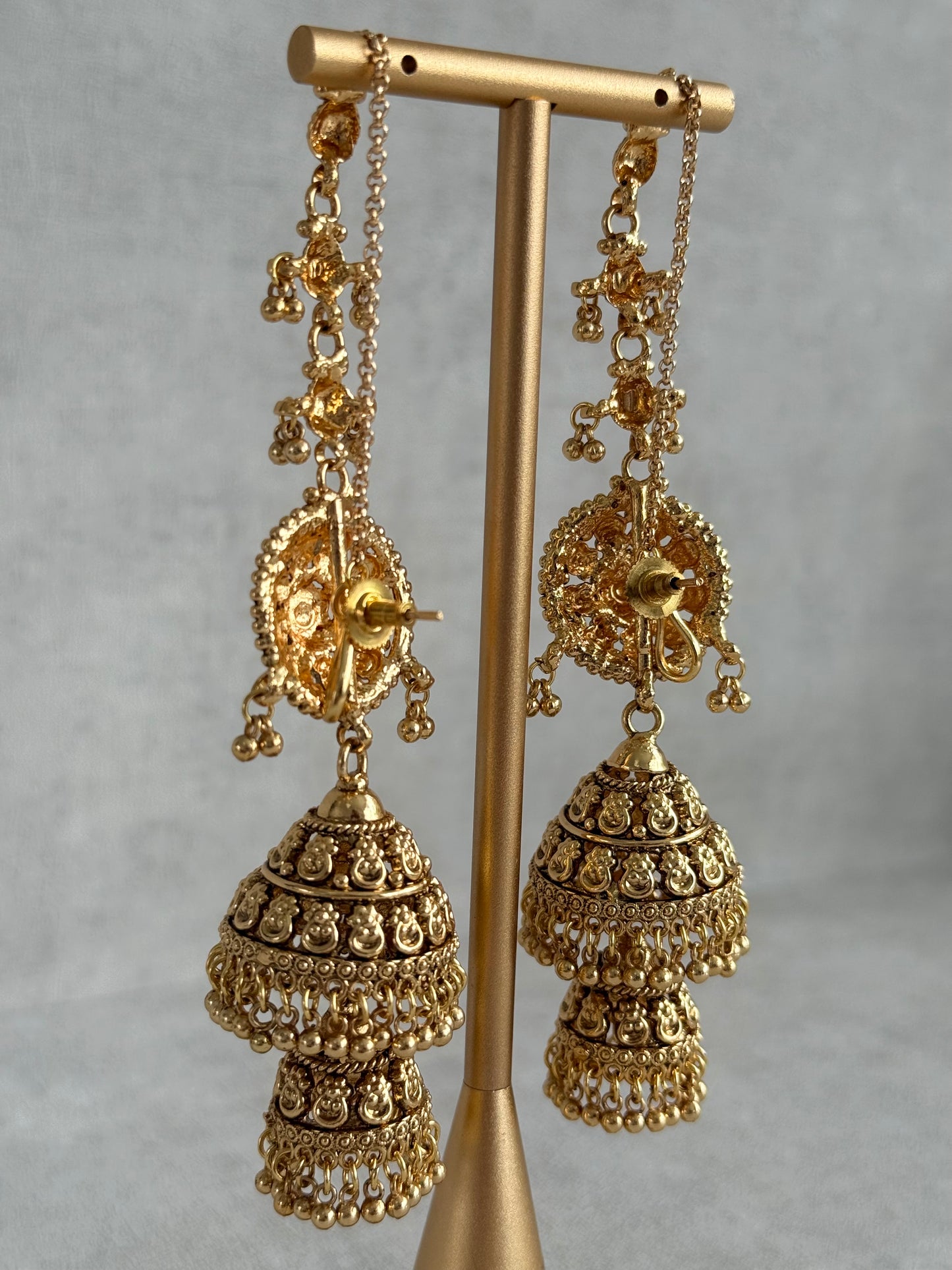 Ayura Designs Chhavi Sahare Jhumkis – Antique Gold Finish with Double Dome Design