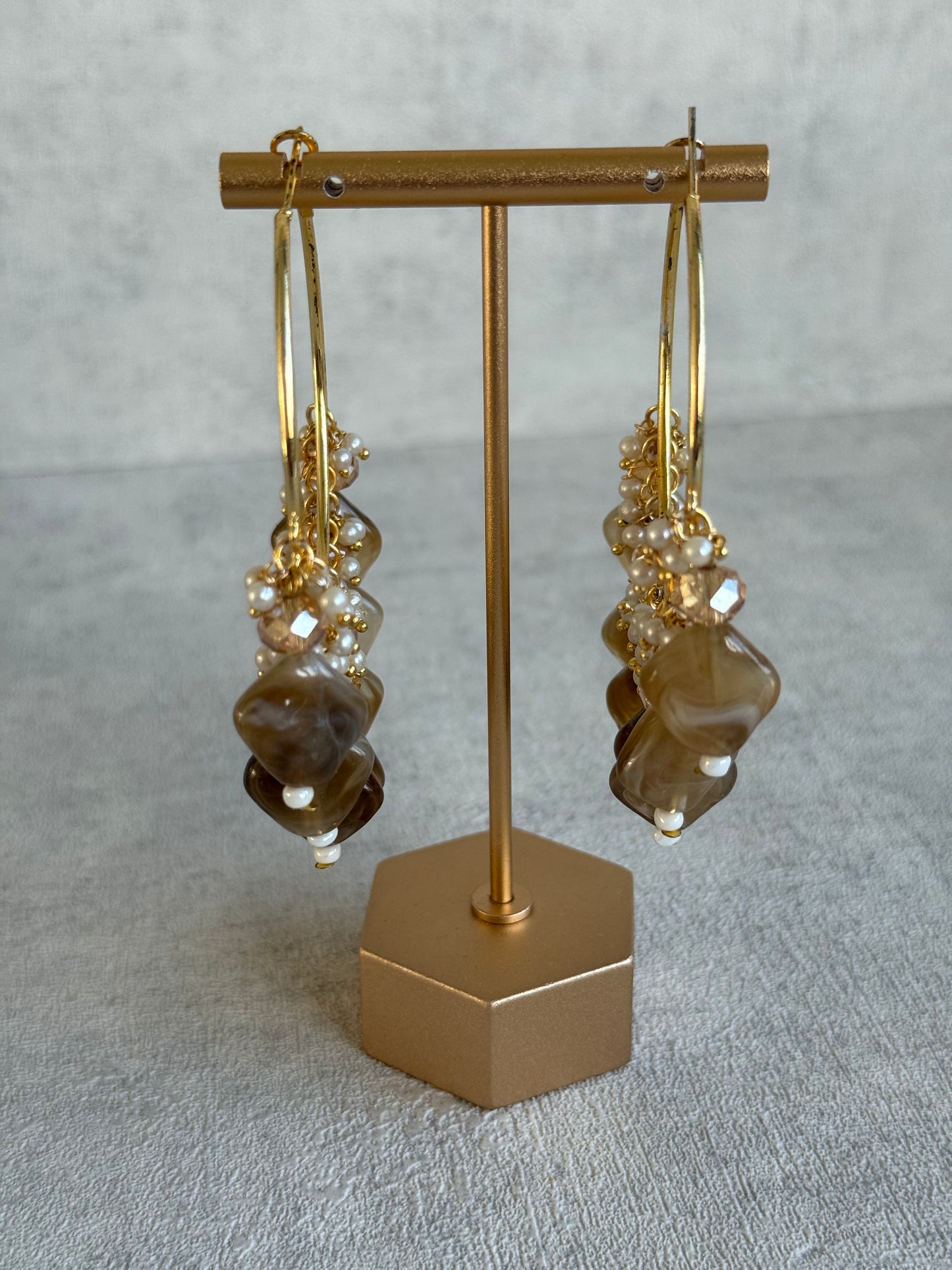 Ayura Designs Heer Balis – Gold Hoops with Mocha Marble Beads, Pearls & Crystal Detailing