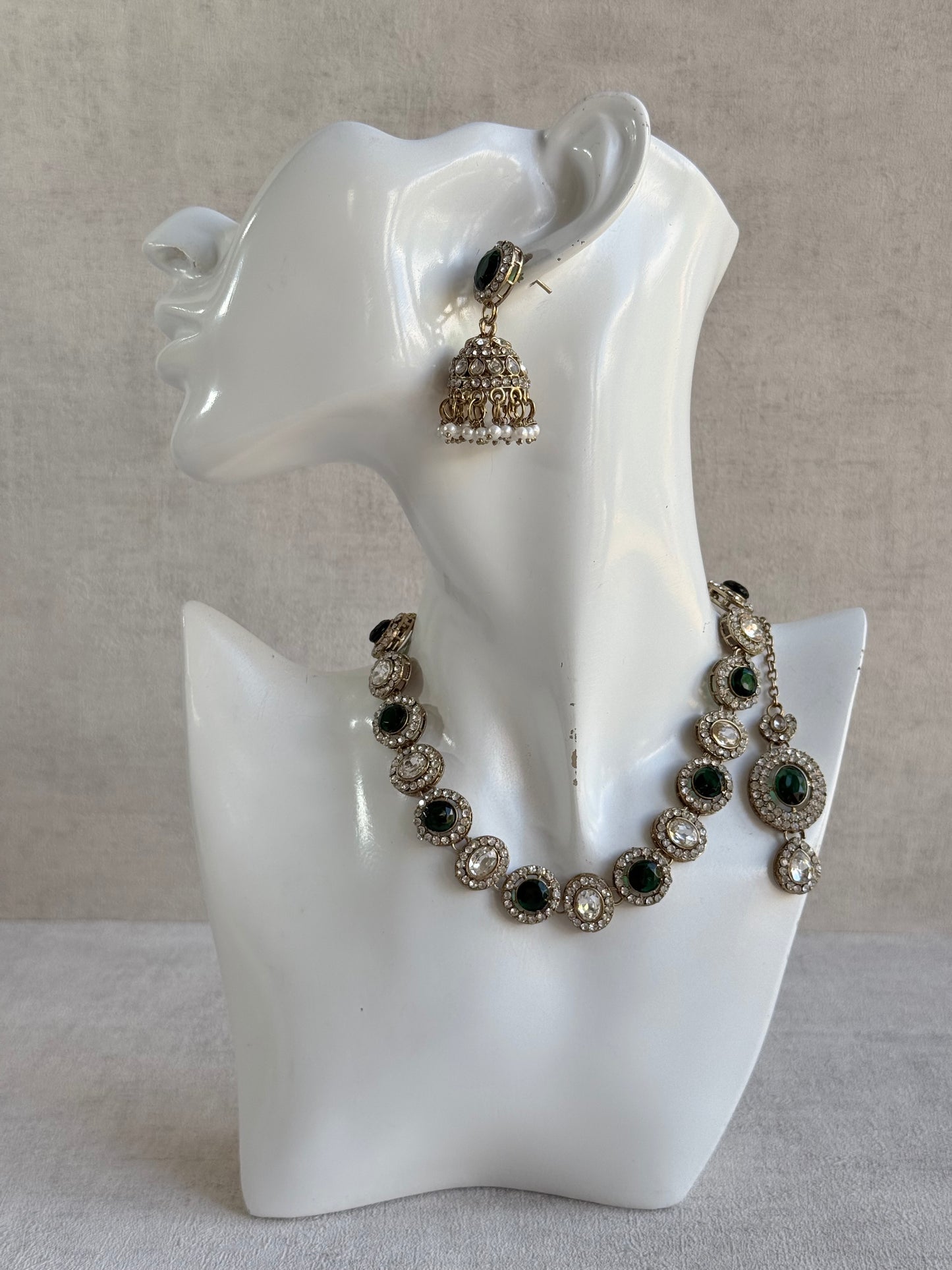 Ayura Designs Eira Necklace Set with Earrings & Tikka – Emerald Green & Crystal Stones with Antique Gold Finish