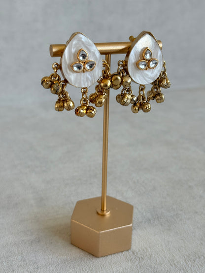 Ayura Designs Aykai Earrings – White Carved Teardrop Stud Earrings with Clear Kundan Stones and Gold Ghungroo Drops