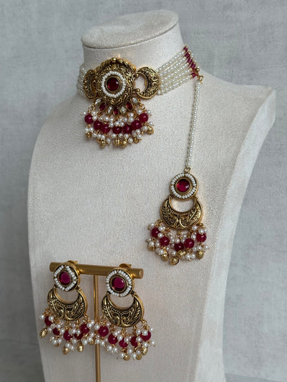 Ayura Designs Mehr Choker Set with Earrings & Tikka – Ruby Pink Stones, Ruby Pink Beads, Pearl Strands & Antique Gold Finish