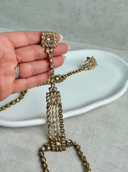 Ayura Designs Rupi Haathphool – Antique Gold with Champagne Stones & Pearl Detailing