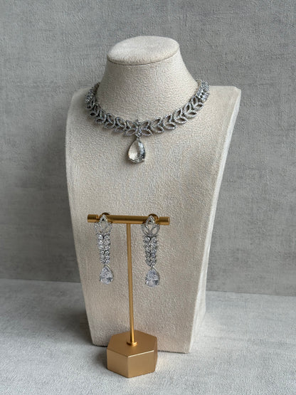 Ayura Designs Anastasia Set – Silver Necklace & Earrings with Teardrop Crystals & Leaf Motif Design