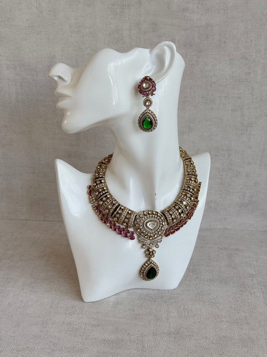 Ayura Designs Ahana Necklace Set with Earrings – Emerald Green Teardrop Stones, Ruby Pink Accents & Moissanite Detailing