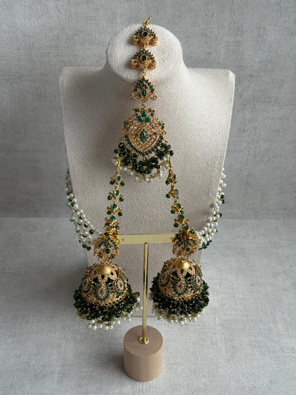 Ayura Designs Safia Tikka Set with Sahare Earrings – Emerald Green Beads & Champagne Crystals