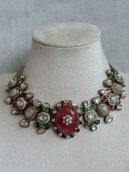 Ayura Designs Nova Necklace Set with Stud Earrings – Rose Pink Centre Stone, Kundan Detailing & Multicolour Gemstone Accents