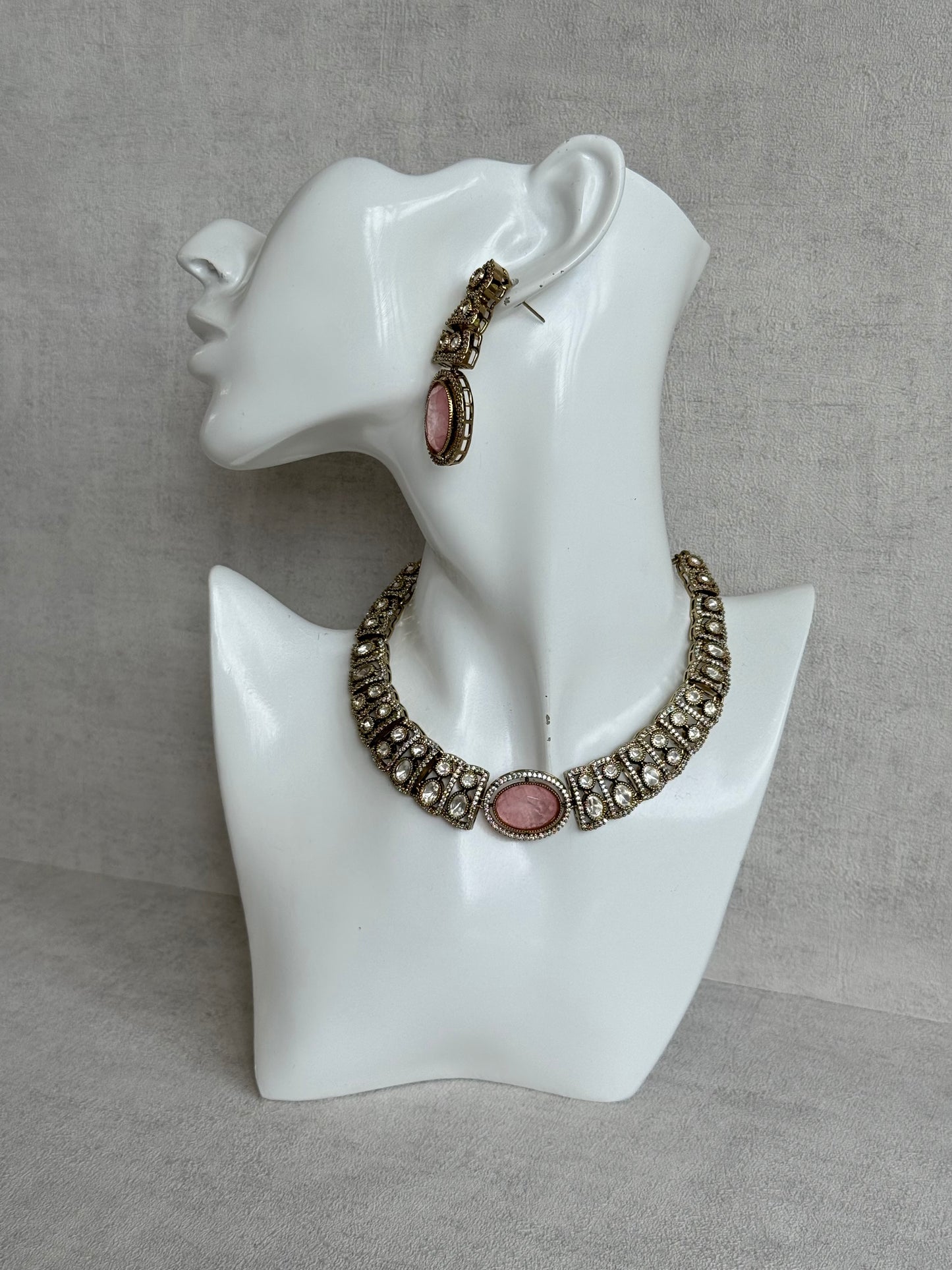 Ayura Designs Sadie Necklace Set with Earrings – Blush Pink Centre Stone, Moissanite Style Stones & Crystal Halo Detailing