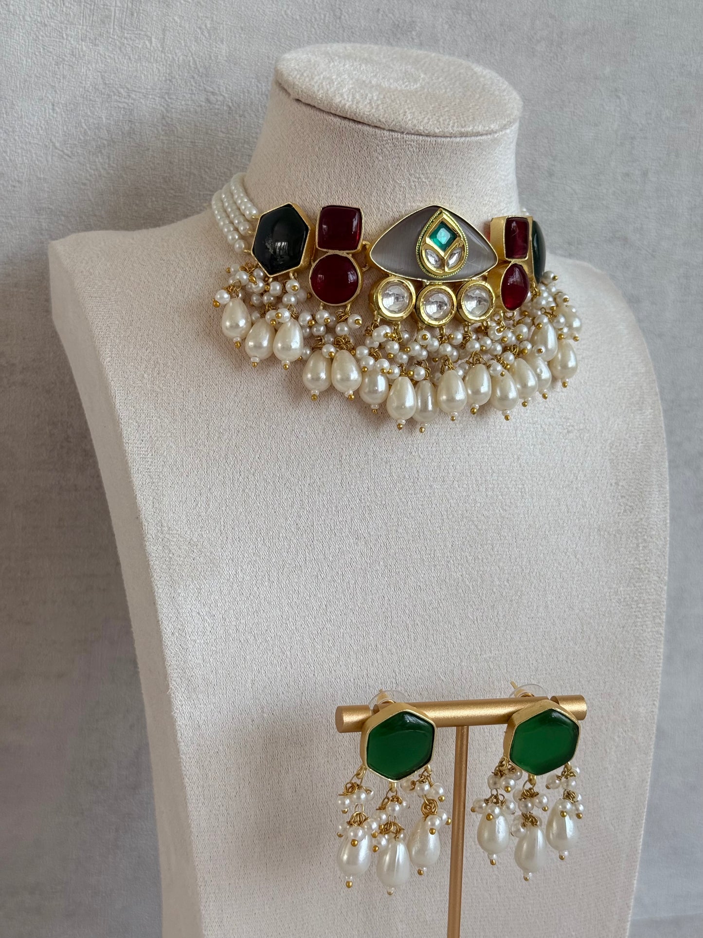 Ayura Designs Vahida Choker Set with Earrings – Multicolour Stone Choker with Pearl Drops & Kundan Detailing
