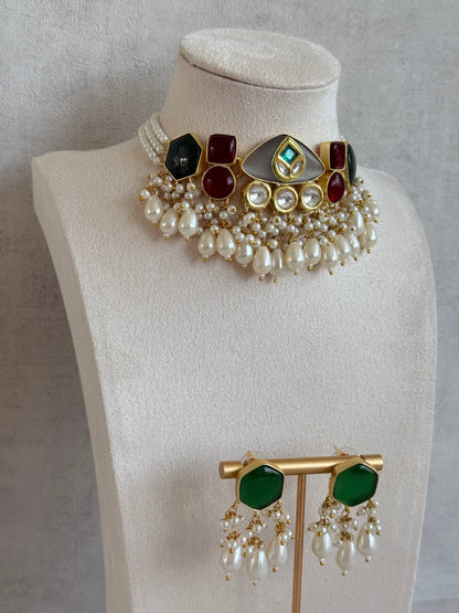 Ayura Designs Vahida Choker Set with Earrings – Multicolour Stone Choker with Pearl Drops & Kundan Detailing