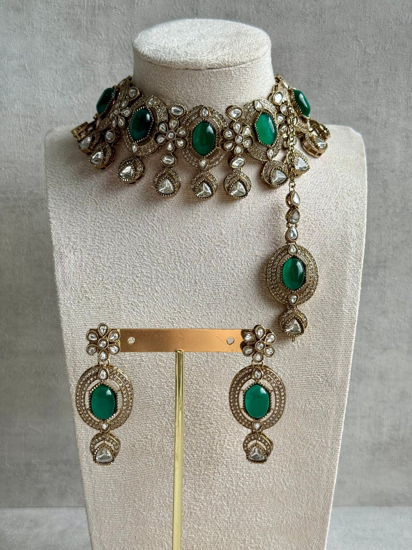 Ayura Designs Emanya Choker Set – Choker, Earrings & Tikka with Mirror-Cut Stones, Emerald Green & Antique Gold Detailing