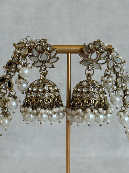 Ayura Designs Sheesh Jhumkis with Sahare – Mirror Kundan Pearl Jhumkis