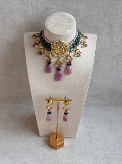 Ayura Designs Rabeeya Kundan Choker Set with Earrings – Blush Pink & Emerald Green Bead Detailing