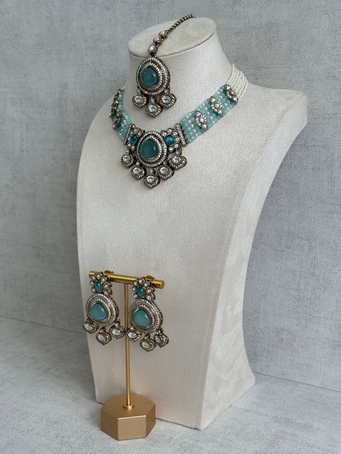 Ayura Designs Rahi Necklace Set with Earrings & Tikka – Aqua Blue Stones with Mirror-Cut Detailing & Pearl Strands