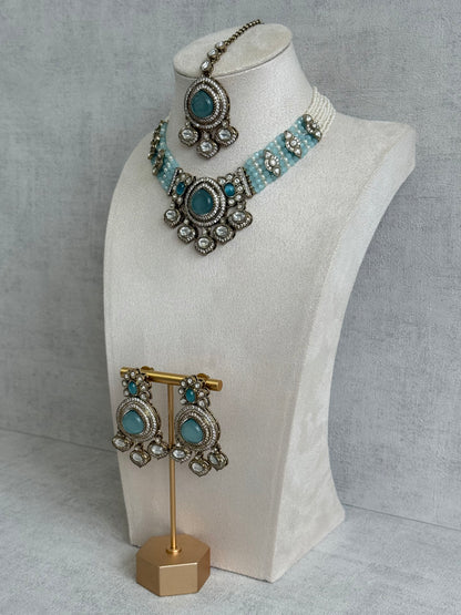 Ayura Designs Rahi Necklace Set with Earrings & Tikka – Aqua Blue Stones with Mirror-Cut Detailing & Pearl Strands