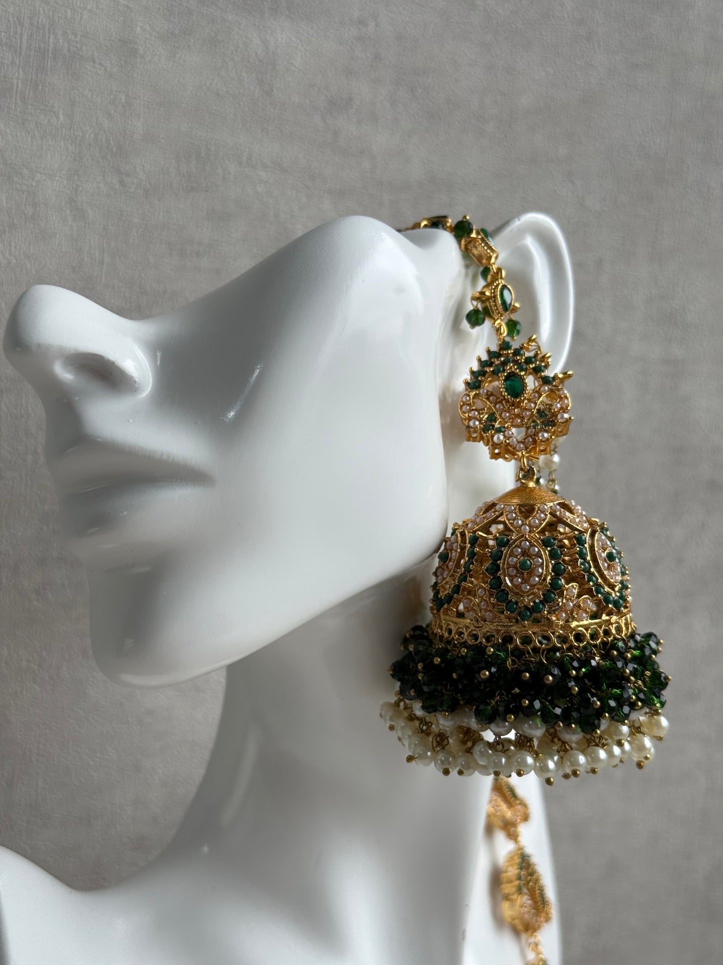 Ayura Designs Safia Tikka Set with Sahare Earrings – Emerald Green Beads & Champagne Crystals