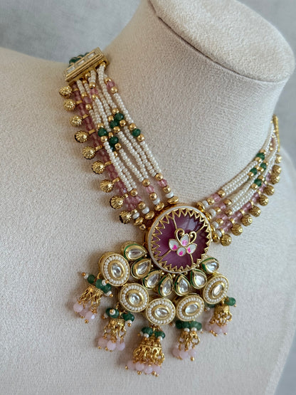 Ayura Designs Hasika Necklace Set with Earrings – Rose Pink, Emerald Green, Kundan & Pearl Detailing