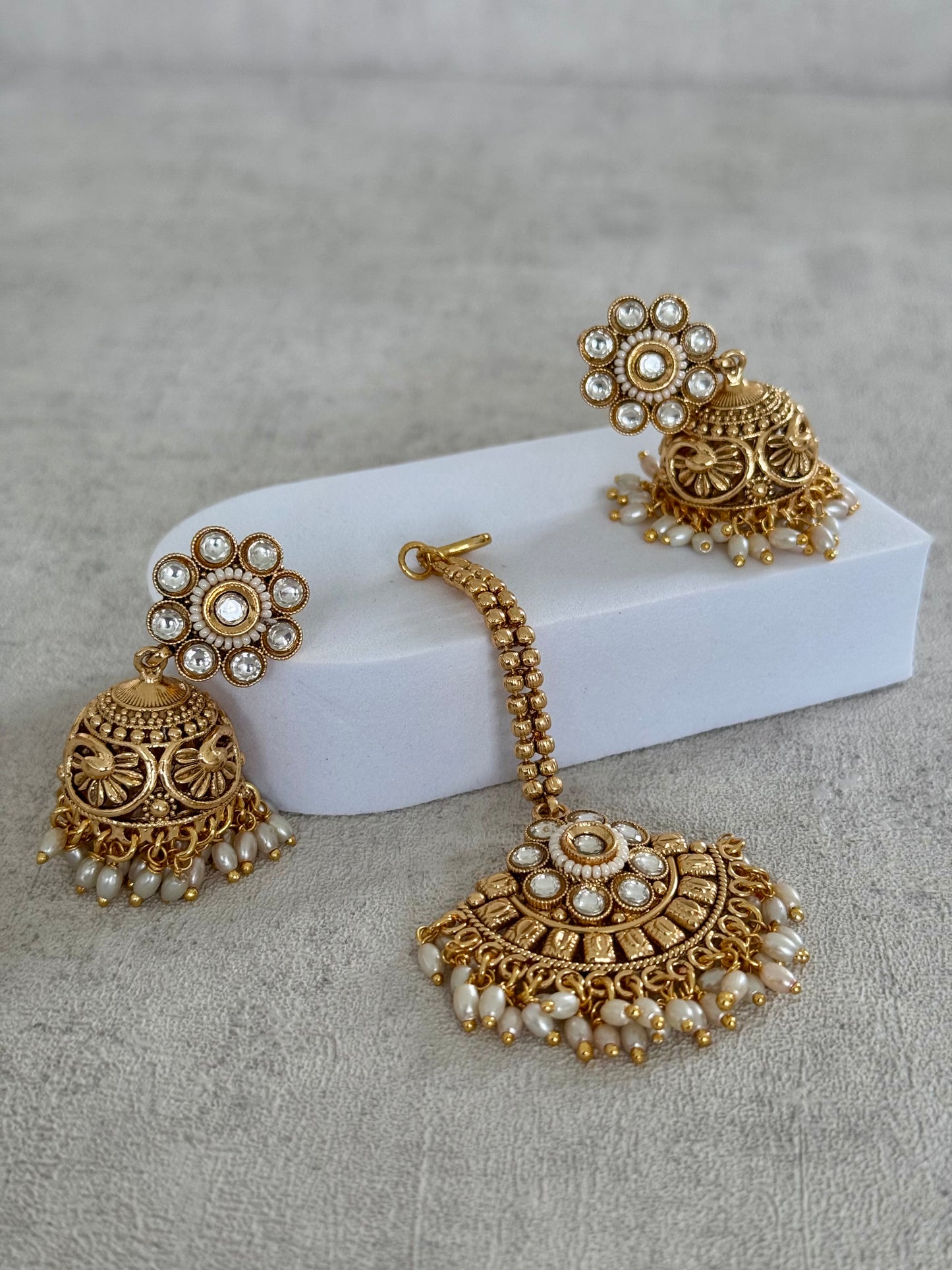 Ayura Designs Zuri Set with Tikka and Jhumkis - Antique Gold, Pearls and Kundan Work