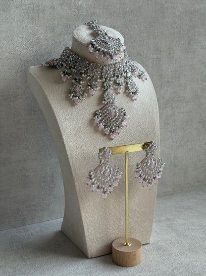 Ayura Designs Kanika Set – Necklace, Earrings & Tikka with Blush Pink Beads, Mirror-Cut Stones & Silver Finish