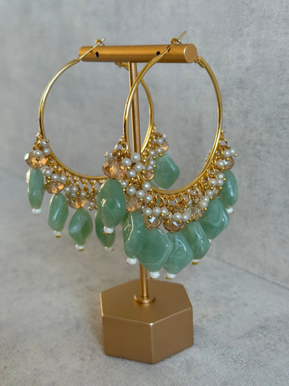 Ayura Designs Heer Balis – Gold Hoops with Mint Marble Beads, Pearls & Crystal Detailing