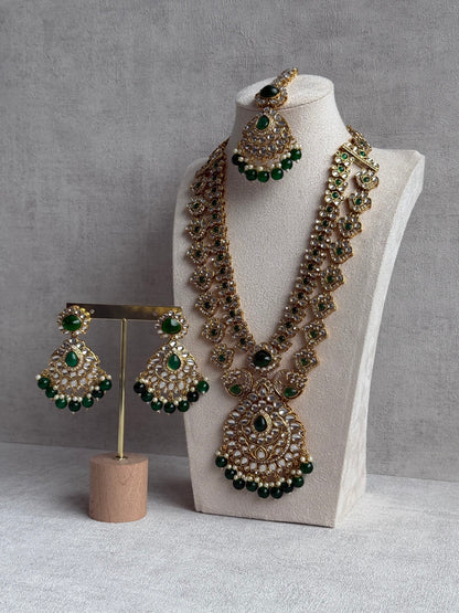 Ayura Designs Javeria Set with Earrings & Tikka – Emerald Green Stones, Mirror Kundan & Gold Finish