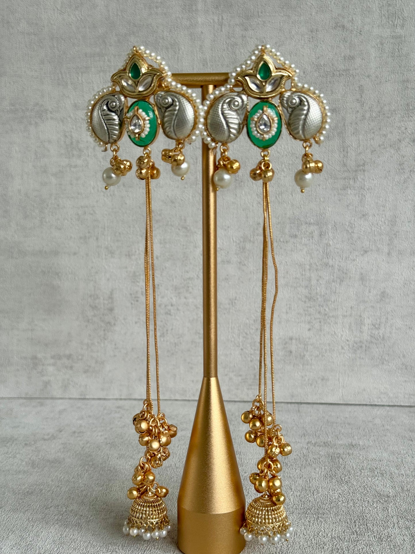 Ayura Designs Sozni Kashmiri Earrings – Meenakari with Emerald Green & Diamond-Cut Detailing