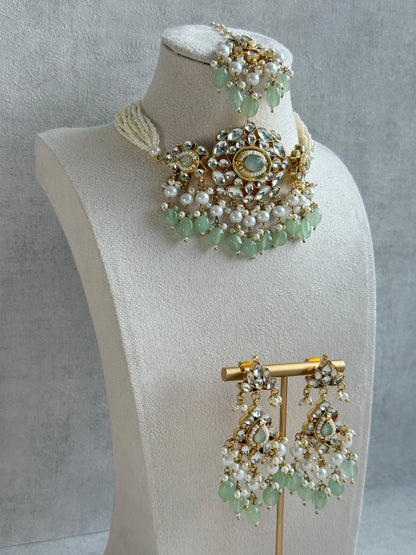 Ayura Designs Tasveer Pachi Kundan Choker Set with Earrings, Tikka & Mint Green Bead Detailing