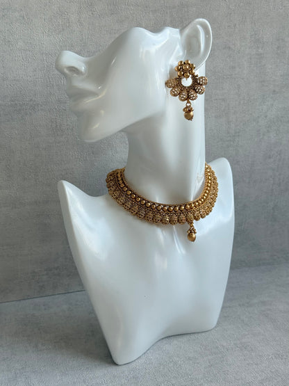 Ayura Designs Chirag Necklace Set with Earrings – Matte Gold Textured Dome Drops