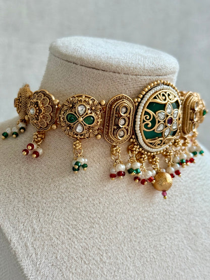 Ayura Designs Haya Choker Set with Stud Earrings – Emerald Enamel with Rani Pink Stones and Pearl Drop Detailing