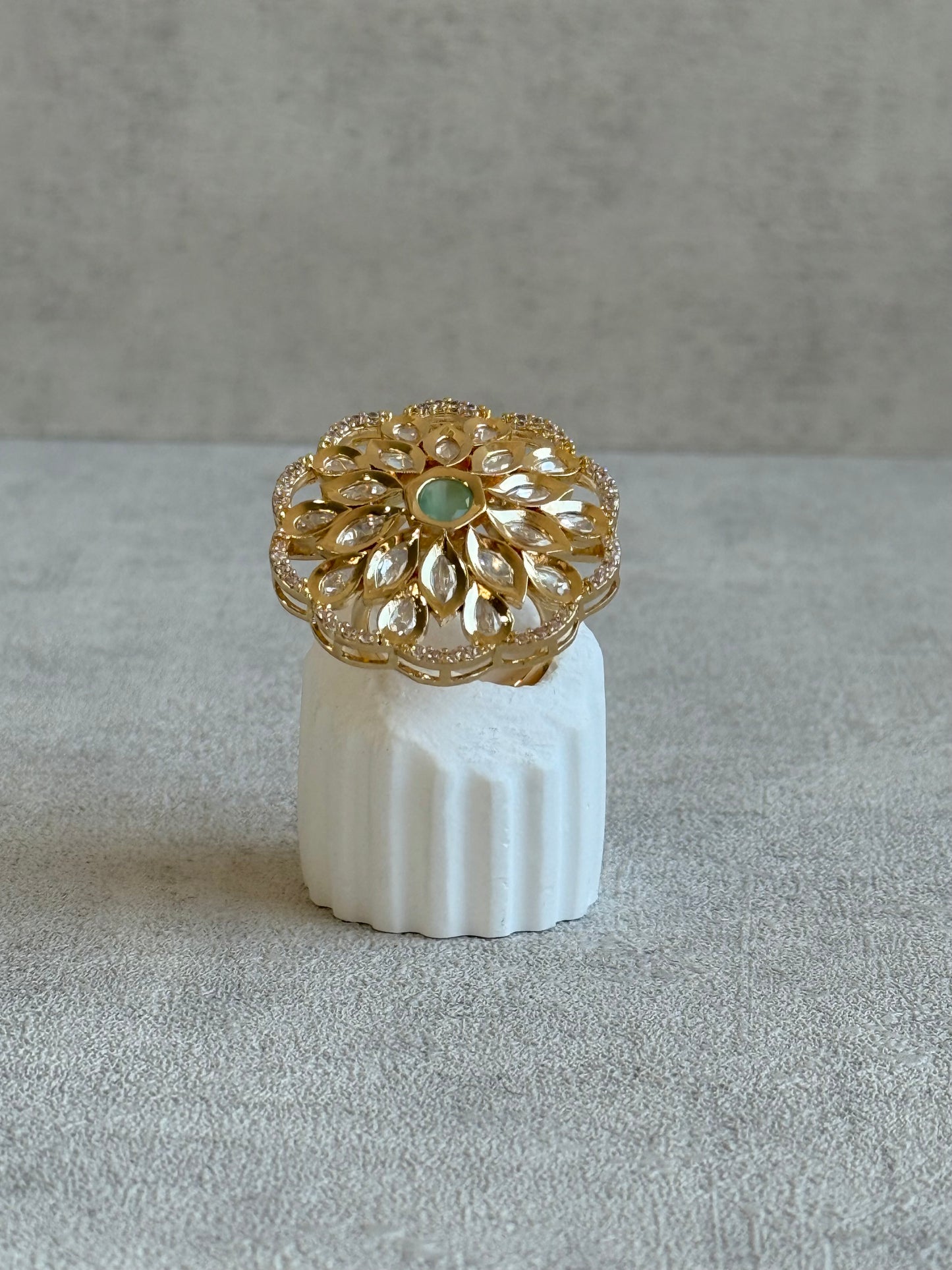 Ayura Designs Elisa Adjustable Ring – Moissanite Floral Ring with Mint Green Centre & Crystal Border