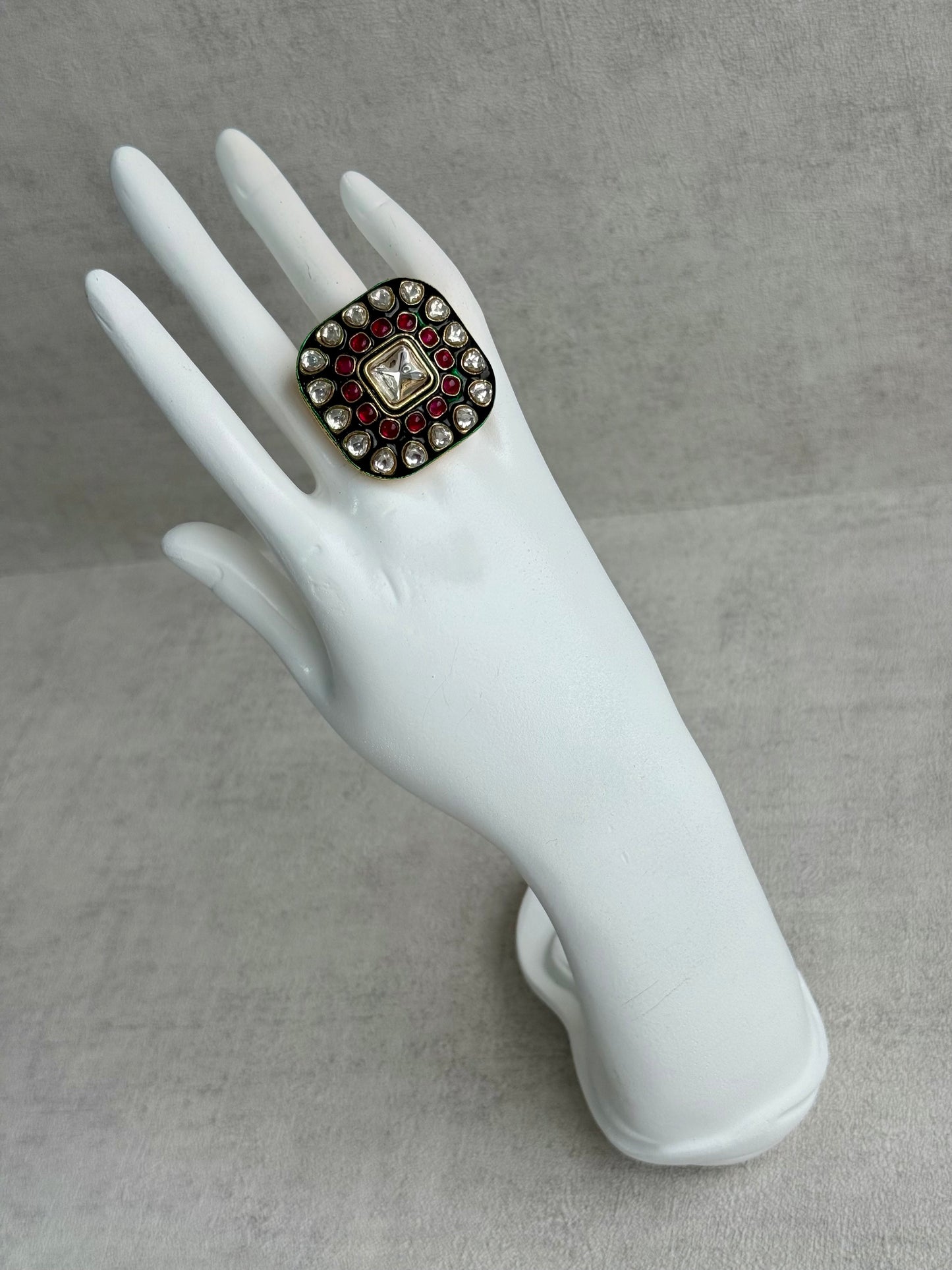 Ayura Designs Arzoo Adjustable Ring – Mirror-Cut Stone Centre with Ruby Pink Stones, Green Enamel & Crystal Detailing