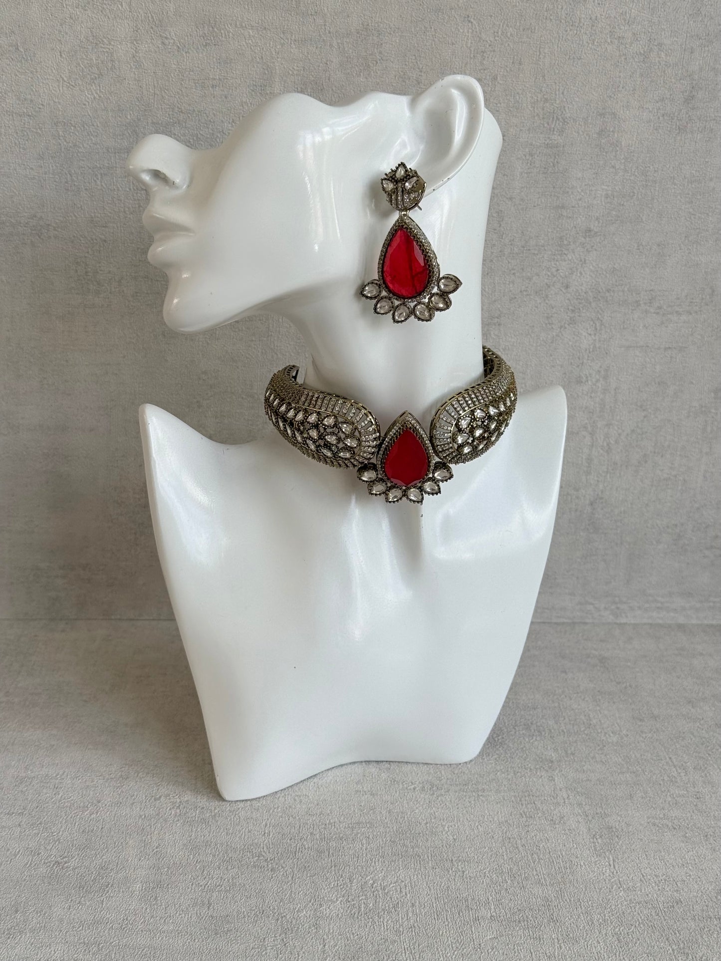 Ayura Designs Ziva Choker Set with Earrings – Ruby Red Teardrop Stone with Moissanite Style Detailing