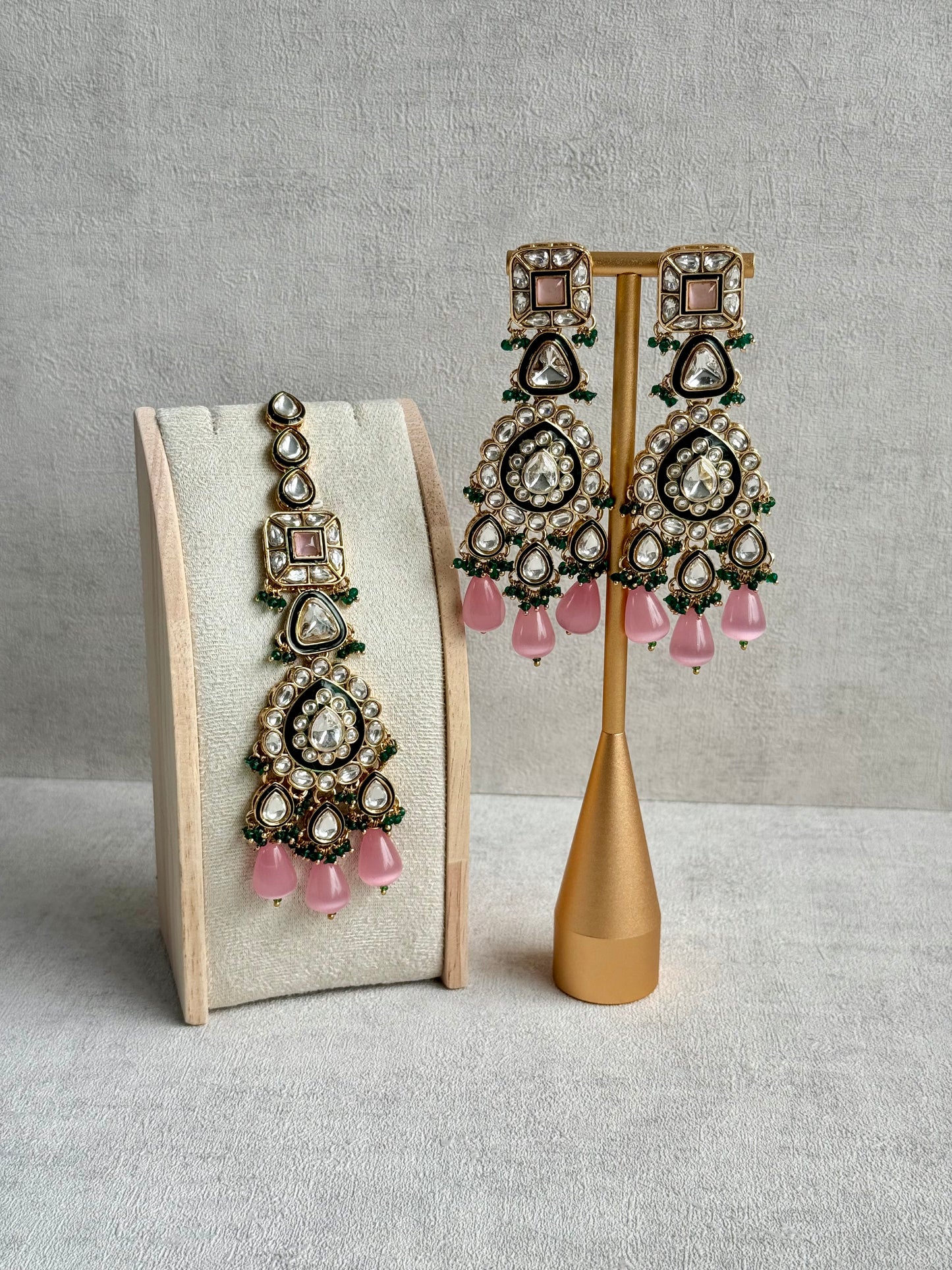 Ayura Designs Zahira Bridal Set with Necklace, Earrings & Tikka – Kundan Detailing with Blush Pink Drops, Green Enamel & Green Bead Accents