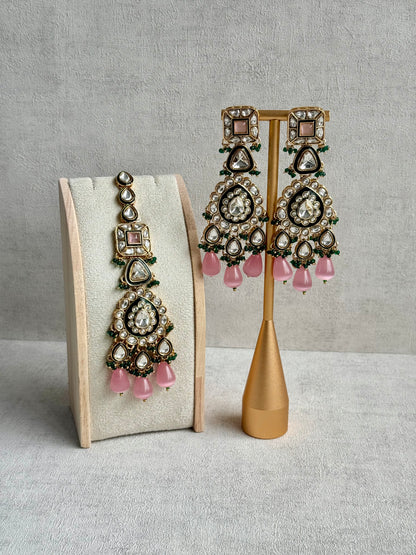 Ayura Designs Zahira Bridal Set with Necklace, Earrings & Tikka – Kundan Detailing with Blush Pink Drops, Green Enamel & Green Bead Accents