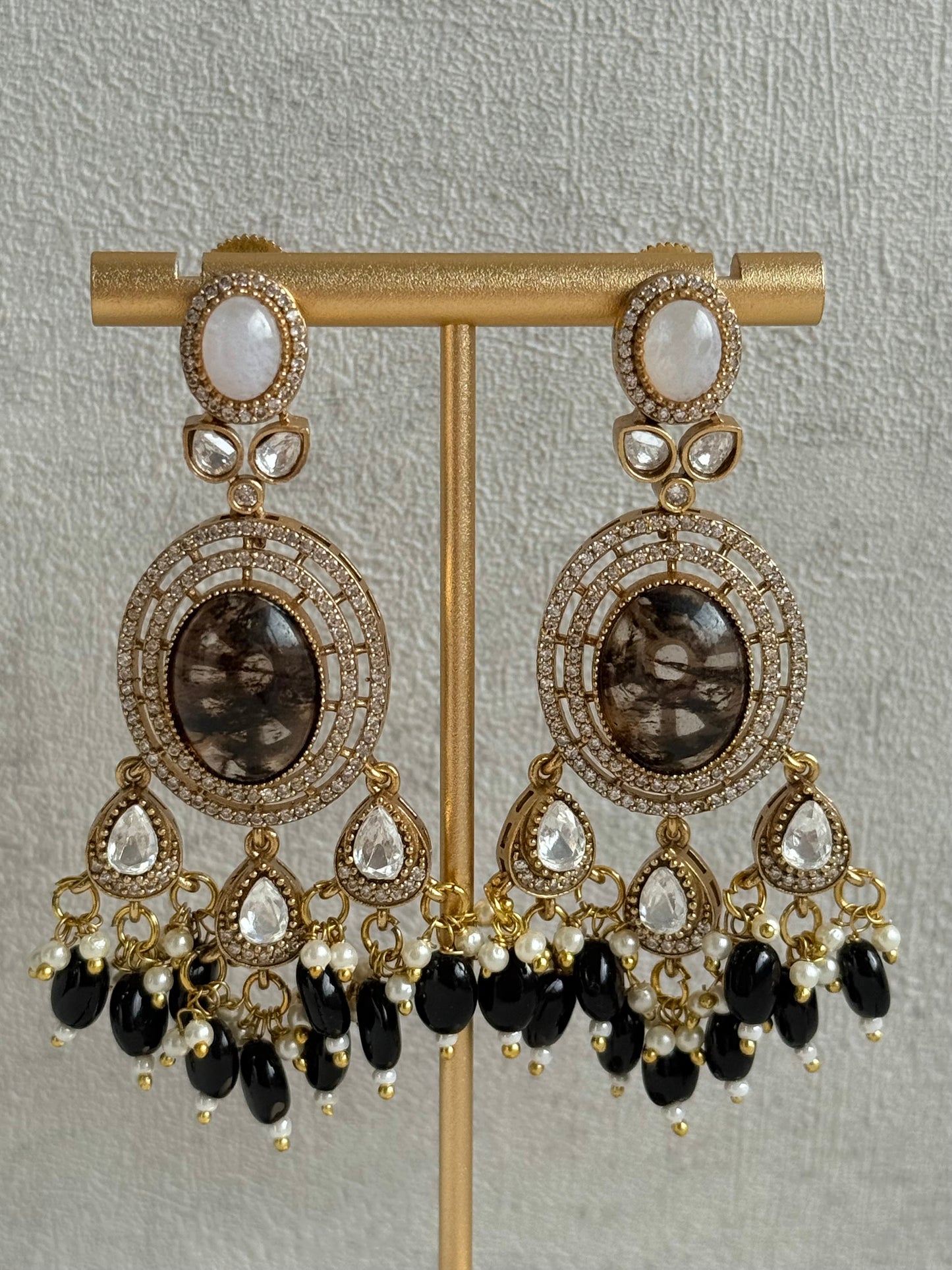 Ayura Designs Poppy Choker Set with Statement Earrings – Smoky Stone Centre with Pastel Beads, Pearls and Black Drops