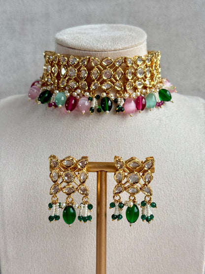 Ayura Designs Navya Choker Set with Earrings – Gold Finish with Moissanite Stones, Lattice Design, Emerald Beads & Pearl Detailing