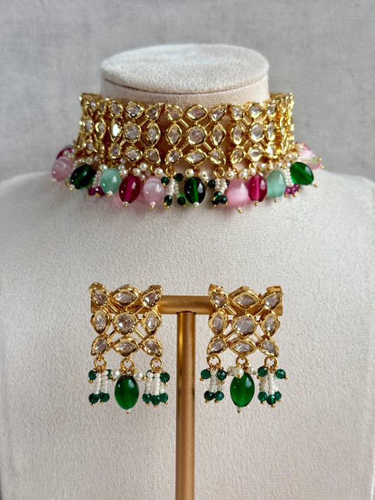 Ayura Designs Navya Choker Set with Earrings – Gold Finish with Moissanite Stones, Lattice Design, Emerald Beads & Pearl Detailing