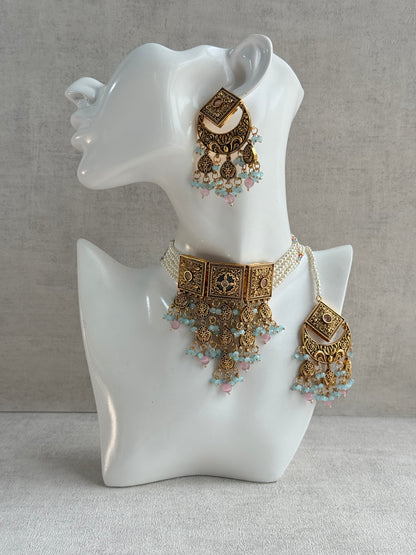 Ayura Designs Samera Choker Set with Earrings & Tikka – Aqua Blue & Blush Pink Beads, Green Centre Stone, Floral Motifs & Antique Gold Finish