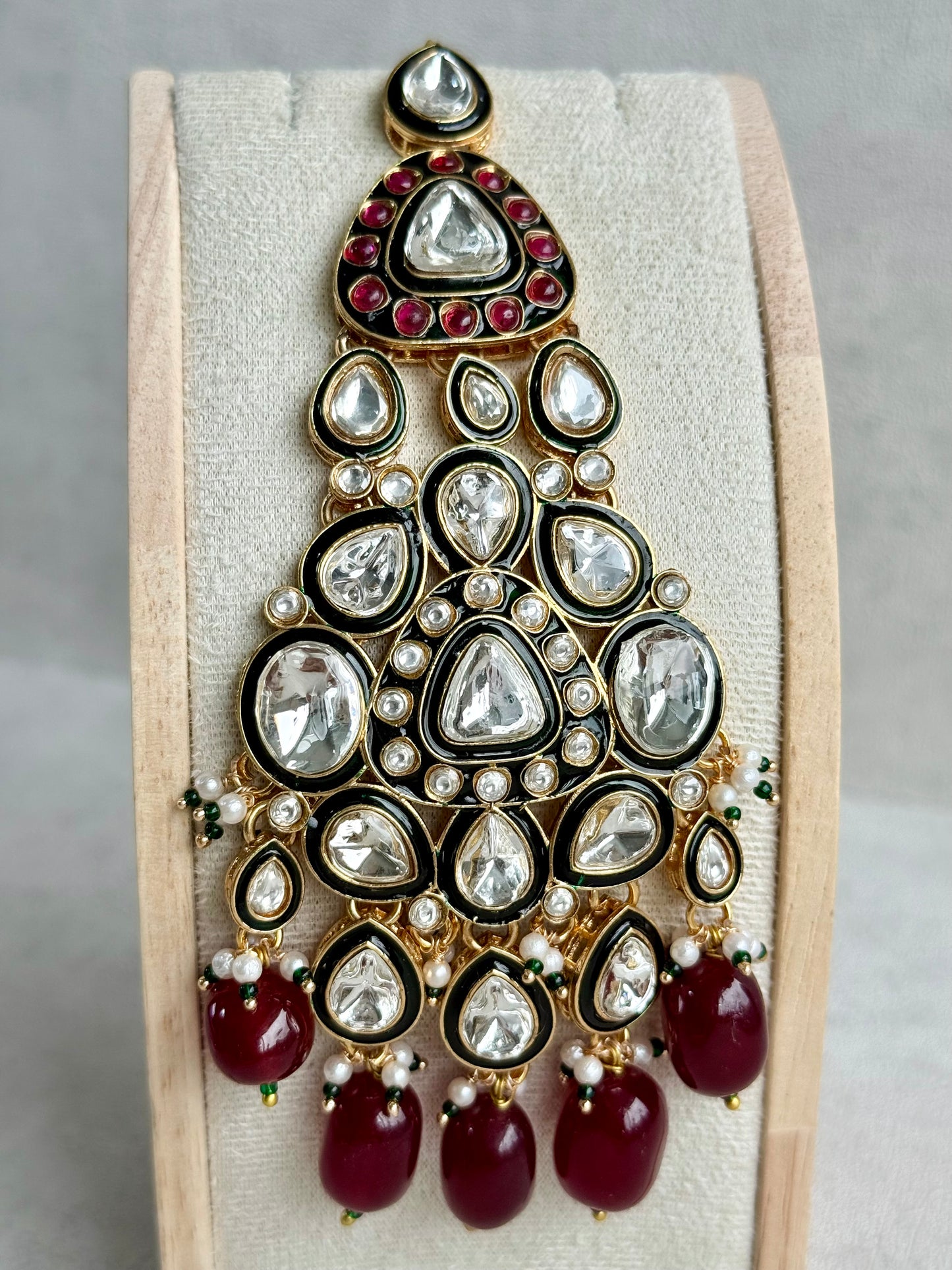 Ayura Designs Salma Jhoomar Passa – Ruby Red Beads with Kundan Stones & Antique Gold Finish