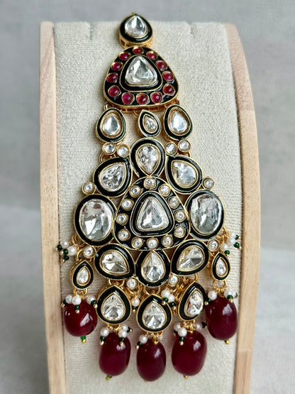 Ayura Designs Salma Jhoomar Passa – Ruby Red Beads with Kundan Stones & Antique Gold Finish