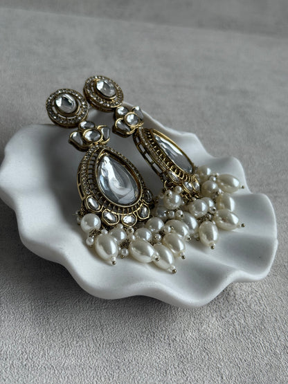 Ayura Designs Nageen Earrings – Antique Gold Jhumkis with Mirror-Cut Stones & Ivory Pearl Drops