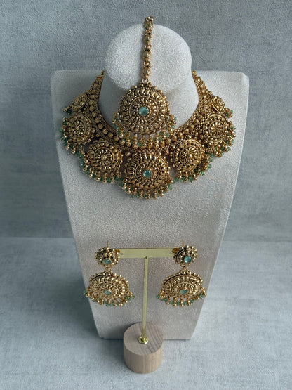 Ayura Designs Rummy Set – Statement Necklace, Earrings & Tikka with Pistachio Green Beads and Polished Gold Finish