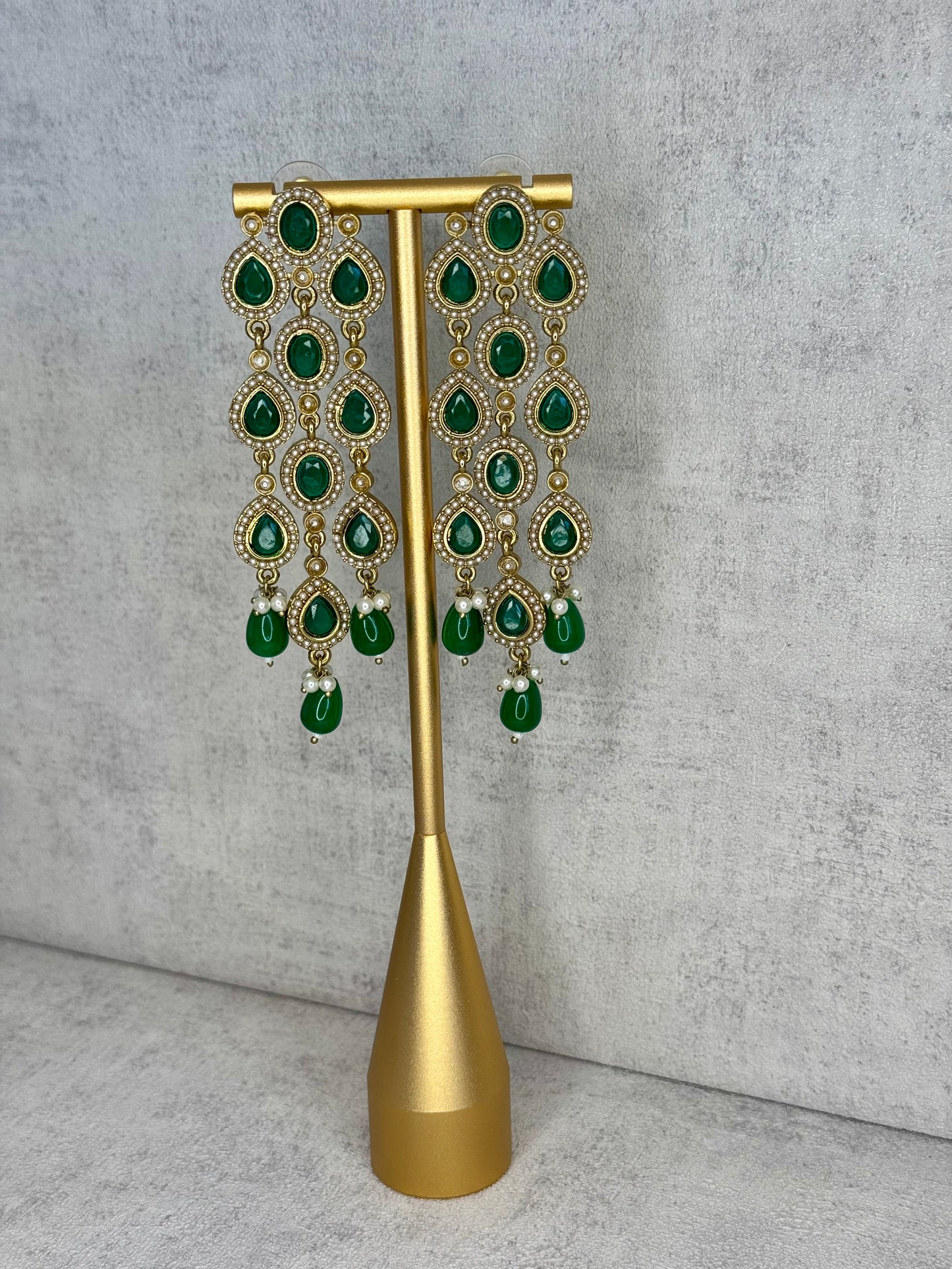 Ayura Designs Mia Earrings – Handcrafted Gold-Toned Cascading Earrings with Green Gemstones, Pearl Accents & Elegant Drop Detailing