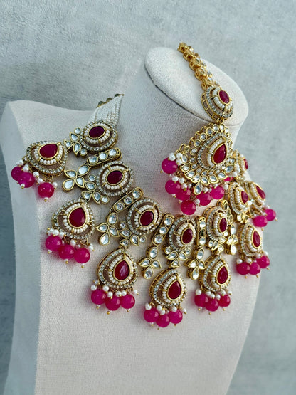 Ayura Designs Janvi Set with Necklace, Earrings & Tikka – Kundan Detailing, Hot Pink Beads & Ivory Pearl Drops
