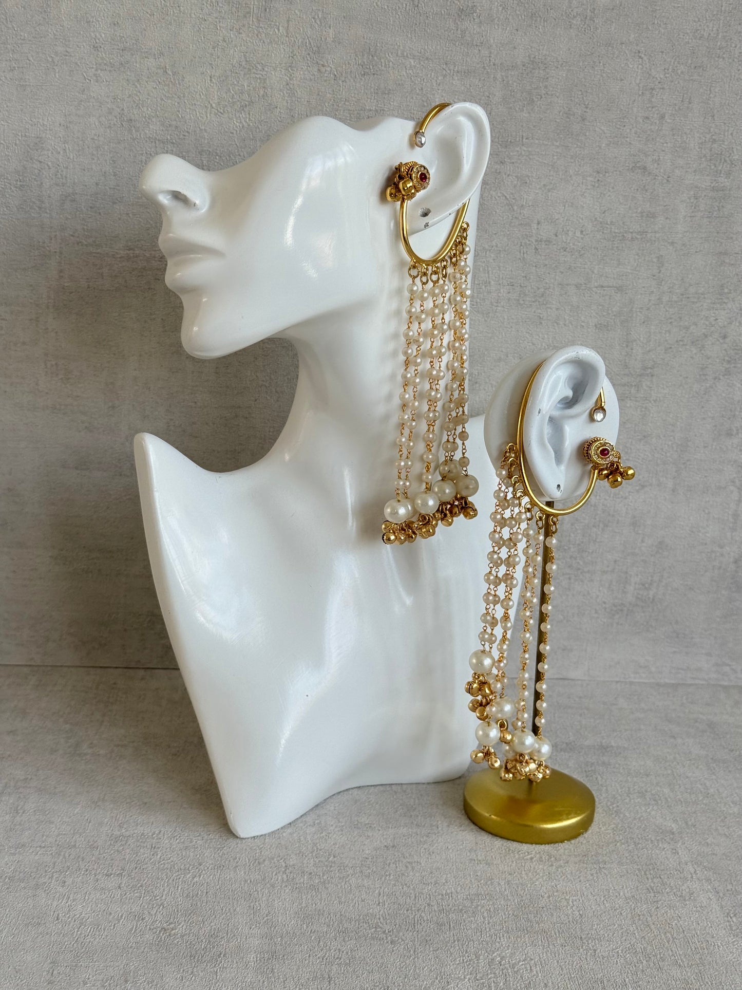 Ayura Designs Nargiza Ear Cuffs – Pearl Tassel Ear Cuffs with Ghungroo Detailing & Ruby Stone Accents