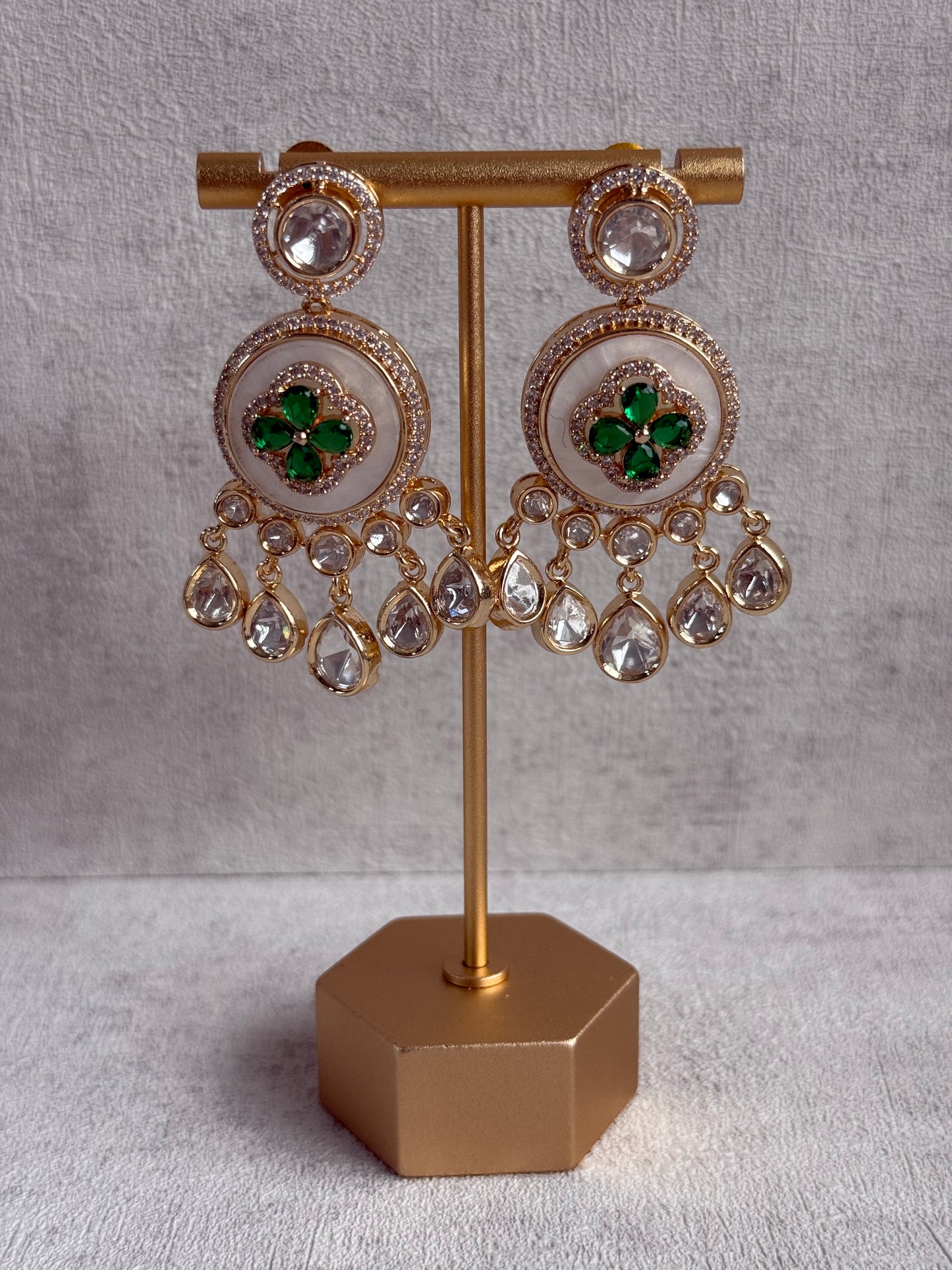 Ayura Designs Wisah Set with Necklace & Earrings – Emerald Green Floral Motifs with Mother of Pearl, Mirror-Cut Stones & Crystal Detailing