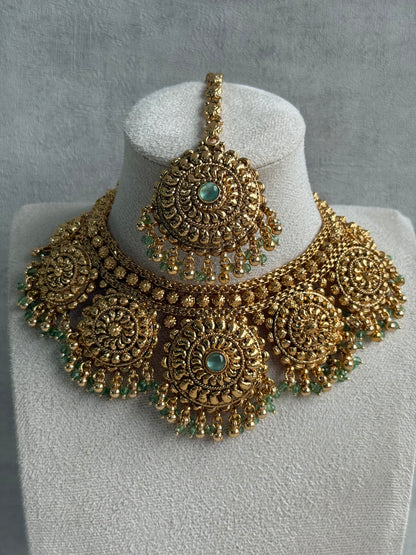 Ayura Designs Rummy Set – Statement Necklace, Earrings & Tikka with Pistachio Green Beads and Polished Gold Finish