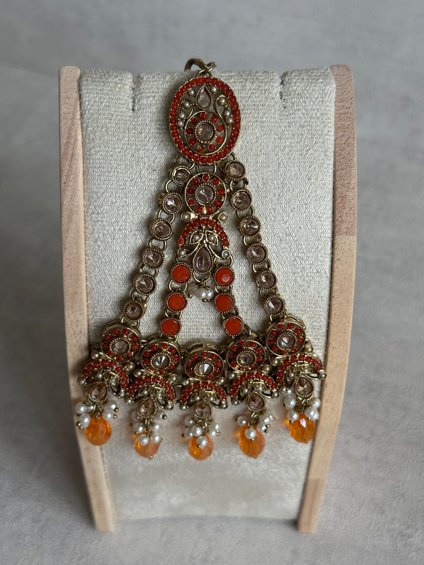 Ayura Designs Almas Tikka Set with Earrings, Tikka & Sahara – Orange Beads & Antique Gold Finish