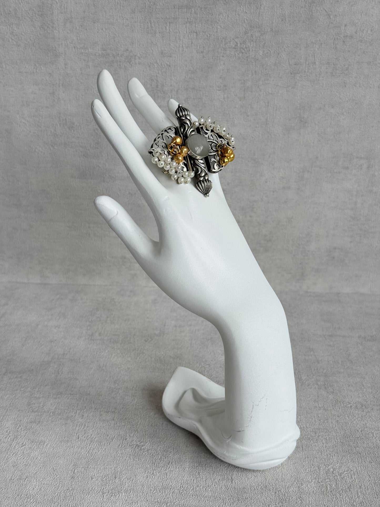 Ayura Designs Arshia Adjustable Ring – Oxidised Statement Ring with Pearl Detailing, Grey Stone & Ghungroo Charms