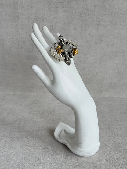 Ayura Designs Arshia Adjustable Ring – Oxidised Statement Ring with Pearl Detailing, Grey Stone & Ghungroo Charms