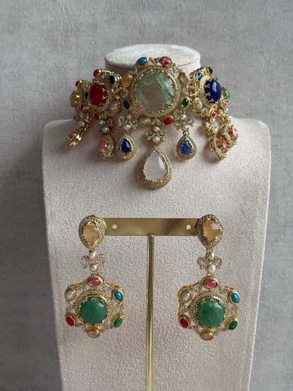 Ayura Designs Willow Choker Set – Statement Multicolour Stone Choker with Pearls & Antique Gold Detailing